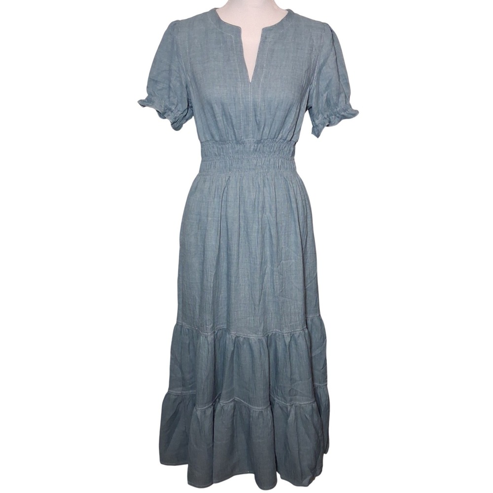 NWT Max Studio London Light Blue Tiered Midi Dress XS Smocked Boho Chambray
